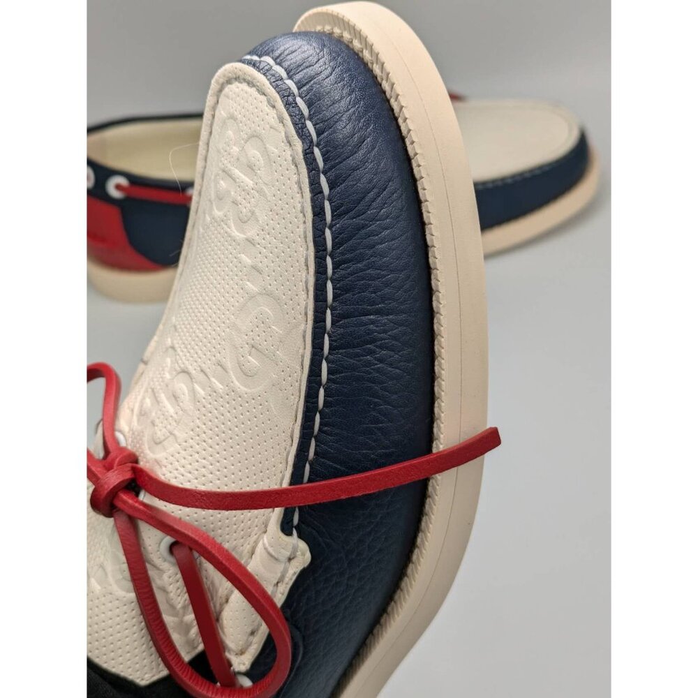 Gucci Men's Riverside Moccasin Calfskin GG Boat Shoes Blue/Off White 745968 UK9 - Picture 8 of 12